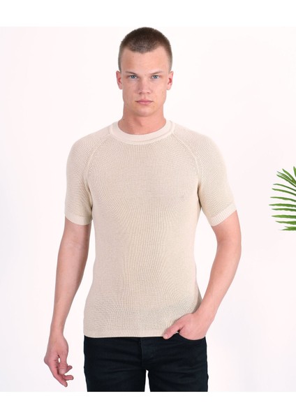 Slim Fit Pamuklu Örme Triko Tişört Dar Kesim Bisiklet Yaka T-Shirt
