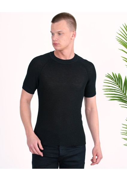 Slim Fit Pamuklu Örme Triko Tişört Dar Kesim Bisiklet Yaka T-Shirt