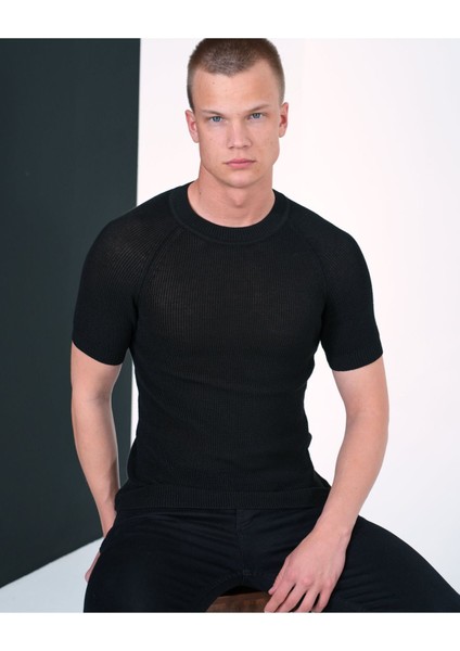Slim Fit Pamuklu Örme Triko Tişört Dar Kesim Bisiklet Yaka T-Shirt