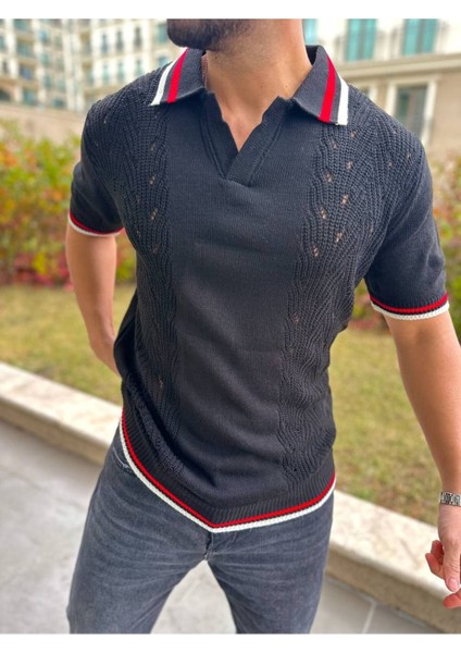 T-Shirt Nefes Alabilen Polo Yaka Terletmez Desenli Pamuklu Örme Tişört Oversize Triko Tshirt