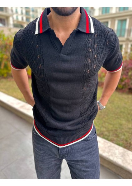 T-Shirt Nefes Alabilen Polo Yaka Terletmez Desenli Pamuklu Örme Tişört Oversize Triko Tshirt fırsatları
