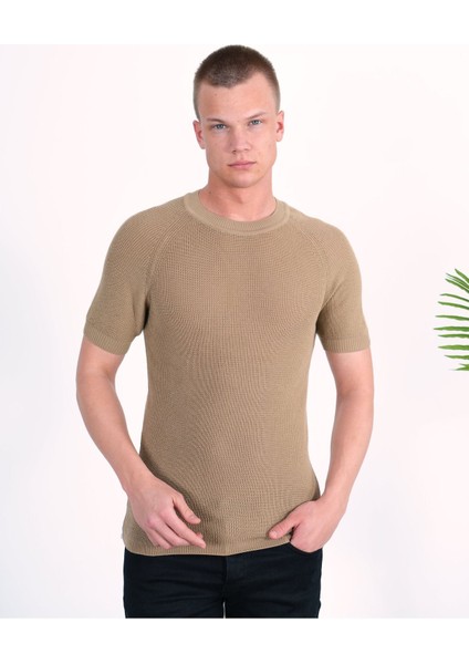 Slim Fit Pamuklu Örme Triko Tişört Dar Kesim Bisiklet Yaka T-Shirt