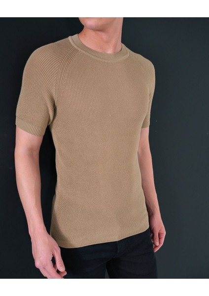 Slim Fit Pamuklu Örme Triko Tişört Dar Kesim Bisiklet Yaka T-Shirt