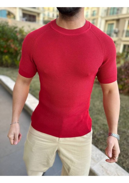 Örme Triko Tişört Kısa Kollu Pamuklu Triko Slim Fit Dar Kesim T-Shirt