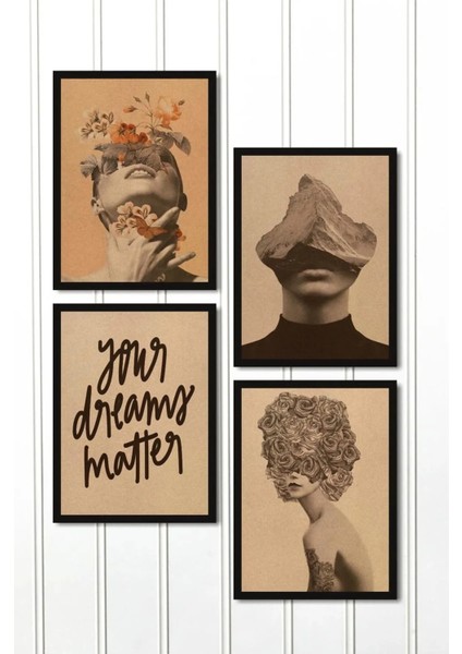 4 Parça Çerçeve Görünümlü Retro Your Dreams Duvar Dekoru Salon Oturma Yatak Odası Için Tablo Seti