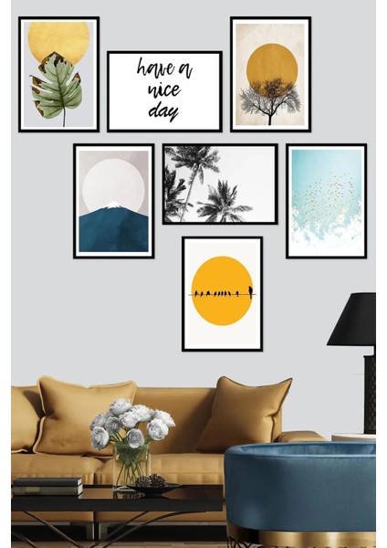 7 Parça Çerçeve Görünümlü Have A Nice Day Duvar Dekoru Salon Oturma Yatak Odası Için 20X15 Tablo Set