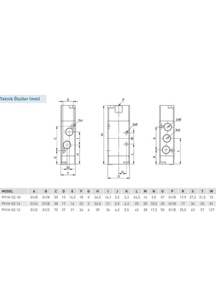 PV1H Serisi 5/2-1/2 Hava - Yay Uyarılı Solenoid Valf modelleri
