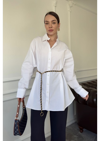Düğme Detay Oversize Marka Poplin Gömlek- Beyaz