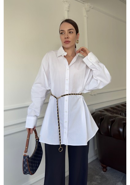 Düğme Detay Oversize Marka Poplin Gömlek- Beyaz fırsatları