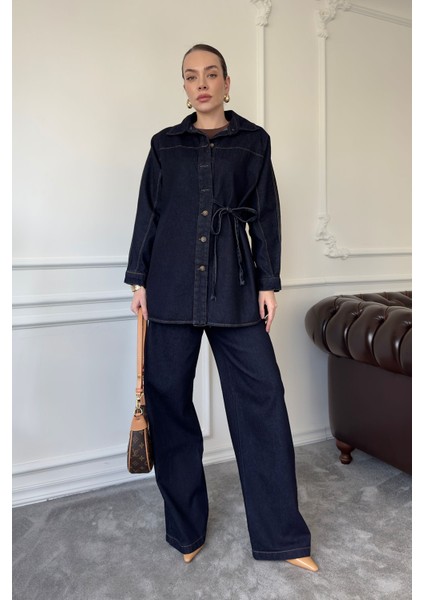 Denim Bağlamalı Premium Takım- Mavi indirimleri