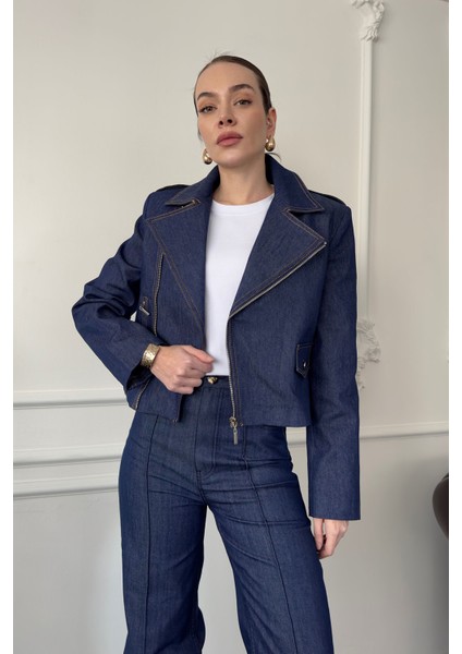 Fermuar Detay Tasarım Denim Ceket- Mavi
