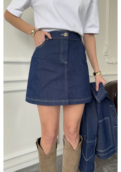 Cepli Mini Denim Etek- Mavi