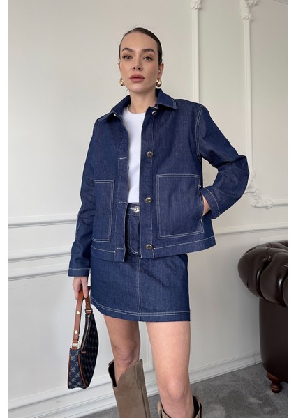 Tasarım Denim Gömlek Ceket- Mavi