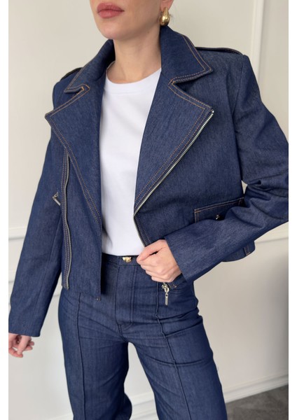 Fermuar Detay Tasarım Denim Ceket- Mavi