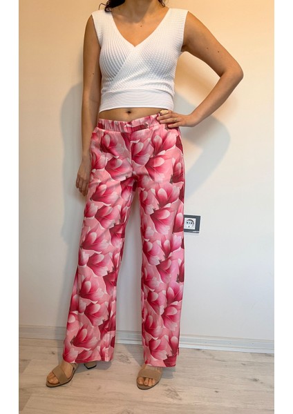 Çiçek Desenli Pembe Pantolon -Plazzo Pantolon
