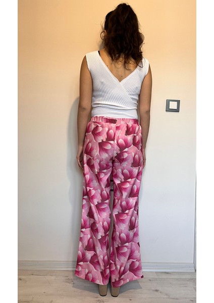 Çiçek Desenli Pembe Pantolon -Plazzo Pantolon