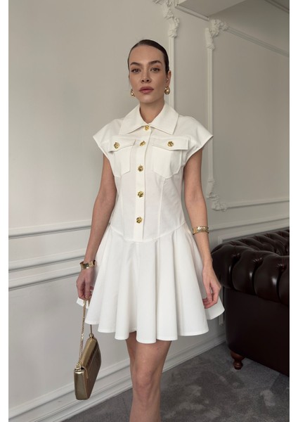 Gold Düğme Detaylı Mini Elbise- Ekru