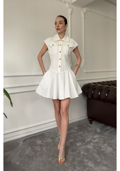 Gold Düğme Detaylı Mini Elbise- Ekru fırsatları