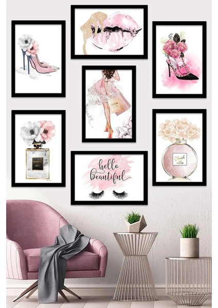 7 Parça Çerçeve Görünümlü Hello Beautiful Duvar Dekoru Salon Oturma Yatak Odası Için Tablo Seti