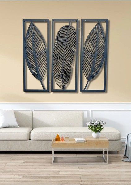 Siyah Ahşap 3lü Zarif Yaprak Duvar Dekoru Salon Oturma Yatak Odası Ofis Için 68 x 85 cm Tablo Seti