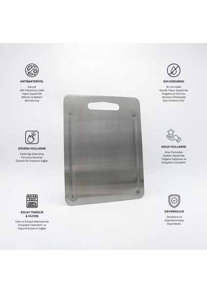 KitchenPro Paslanmaz Çelik Kesme Tahtası (Orta Boy - 26 x 34 cm)