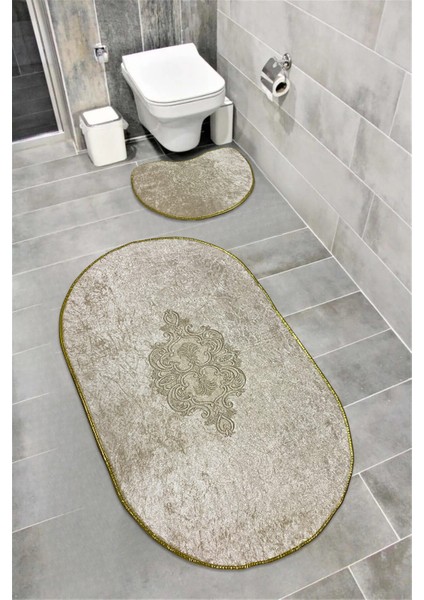 Akseki Kaymaz Taban, Emici, Kadife 2'li Süper Lüks Oval Banyo Paspası Seti