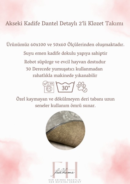 Akseki Kaymaz Taban, Emici, Kadife 2'li Süper Lüks Oval Banyo Paspası Seti