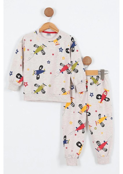 Uçak Baskılı Erkek Çocuk Uzun Kollu Pijama Takımı
