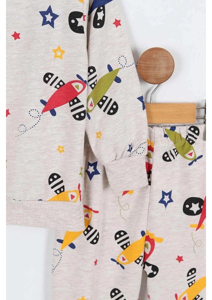 Uçak Baskılı Erkek Çocuk Uzun Kollu Pijama Takımı modelleri