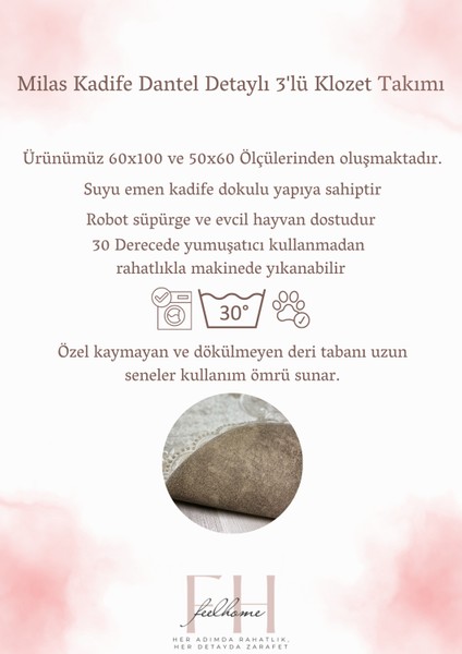 Milas Kaymaz Taban,emici 3'lü Süper Lüks Oval Banyo Paspası Seti
