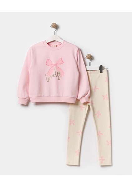 Kurdele Fiyonk Baskılı Sim Detaylı Pamuklu Kumaş Likralı Tayt Pembe Renk Alt Üst Ikili Kız Çocuk Takım