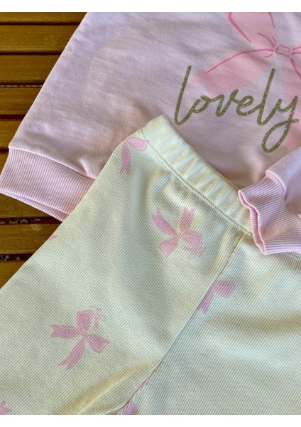 Kurdele Fiyonk Baskılı Sim Detaylı Pamuklu Kumaş Likralı Tayt Pembe Renk Alt Üst Ikili Kız Çocuk Takım modelleri