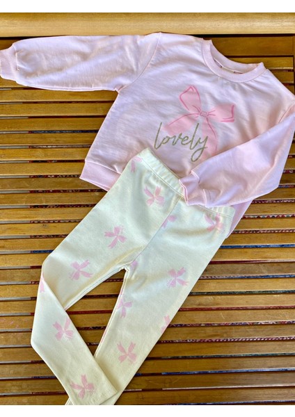Kurdele Fiyonk Baskılı Sim Detaylı Pamuklu Kumaş Likralı Tayt Pembe Renk Alt Üst Ikili Kız Çocuk Takım fırsatları