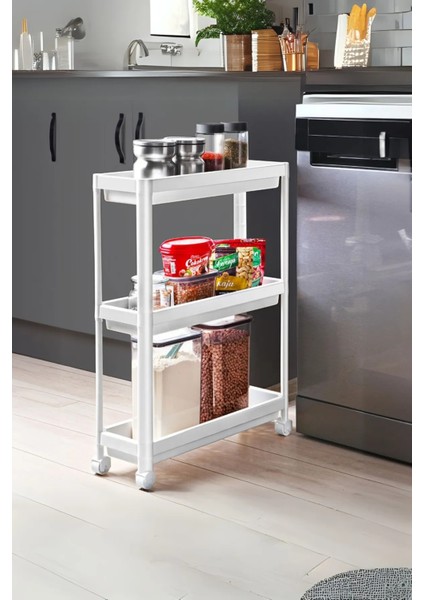 3 Katlı Tekerlekli Beyaz Mutfak Rafı, Kitaplık, Düzenleyici Açık Dolap