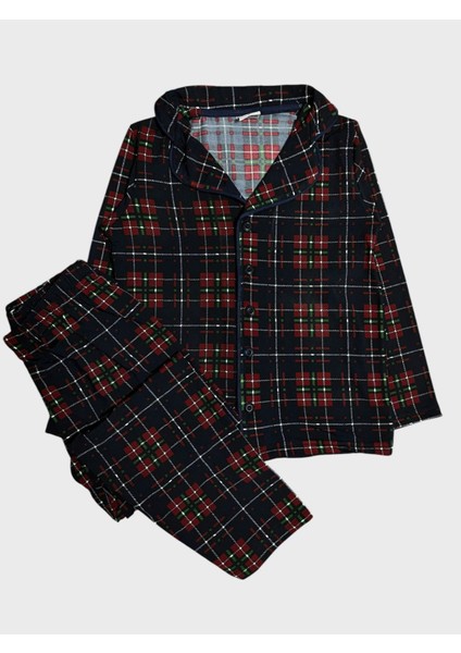 Erkek Çocuk Pamuklu Bordo Ekose Kumaş Gömlek Yaka Boydan Düğmeli Mevsimlik Pijama Takımı