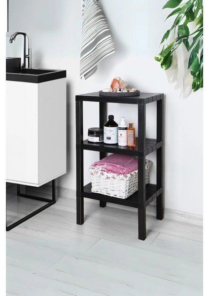 3 Raflı Dikey Raf Düzenleyici Plastik Raf Ünitesi Siyah, Kitaplık, Banyo, Mutfak Rafı, Siyah