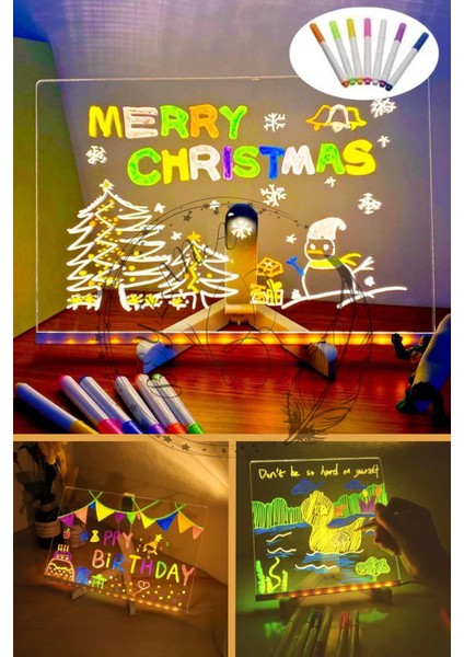 Büyük Boy 30 x 20 cm Neon Mesaj Panosu LED Işıklı Yazı Çizim Tahtası Standlı 7 Keçeli Kalemli