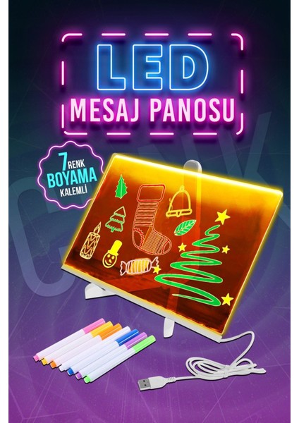 Büyük Boy 30 x 20 cm Neon Mesaj Panosu LED Işıklı Yazı Çizim Tahtası Standlı 7 Keçeli Kalemli fiyatları