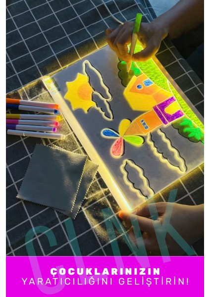 Büyük Boy 30 x 20 cm Neon Mesaj Panosu LED Işıklı Yazı Çizim Tahtası Standlı 7 Keçeli Kalemli fırsatları