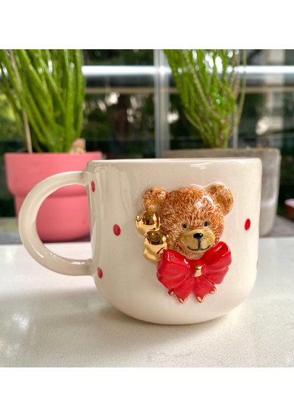 El Yapımı Seramik Gerçek 24K Altın Dekorlu Teddy Kupa