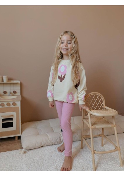 Pembe Çiçek Baskılı Likralı Fitilli Taytlı Mevsimlik Pamuklu Kumaş Alt Üst Kız Çocuk Ikili Takım