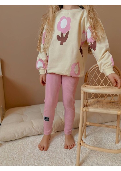 Pembe Çiçek Baskılı Likralı Fitilli Taytlı Mevsimlik Pamuklu Kumaş Alt Üst Kız Çocuk Ikili Takım fiyatları