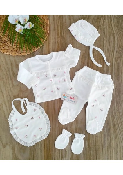 Kız Bebek 5'li Hastane Çıkışı Fistolu Kaneviçe Işlemeli Lüx Zıbın Takımı BBK5986