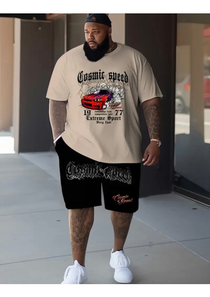 Büyük Beden Özel Tasarım Cosmıc Speed Baskılı Yaz Rüzgarı Battal Erkek T-Shirt Şort Takımı