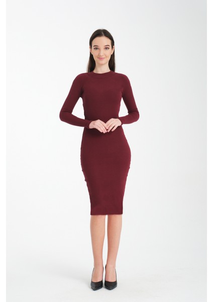 Kadın Bordo Midi Boy Balıkçı Yaka Uzun Kollu Basic Elbise