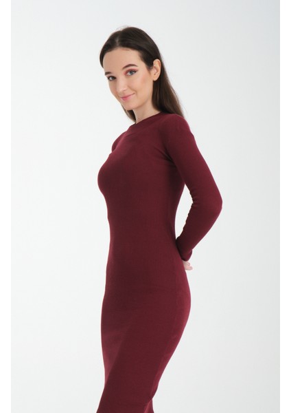 Kadın Bordo Midi Boy Balıkçı Yaka Uzun Kollu Basic Elbise