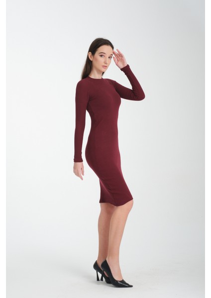 Kadın Bordo Midi Boy Balıkçı Yaka Uzun Kollu Basic Elbise