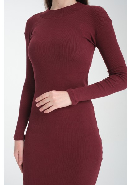 Kadın Bordo Midi Boy Balıkçı Yaka Uzun Kollu Basic Elbise