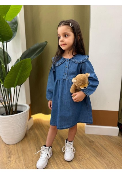 Kız Çocuk Fırfırlı Bebe Yaka Düğme Detaylı Pamuklu Mevsimlik Oversize Kesim Denim Elbise fiyatları