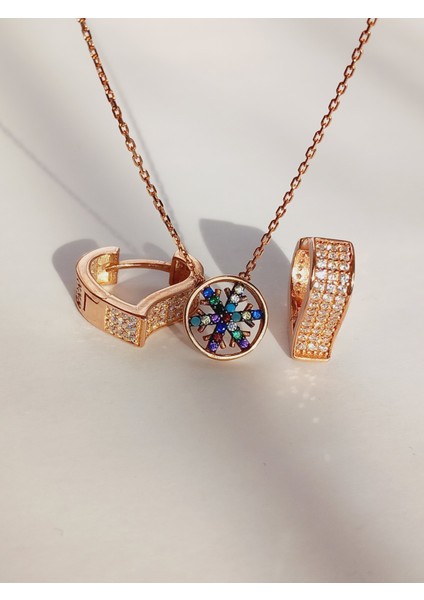Gümüş Gold Kar Tanesi Tasarım Kolye Beyaz Kalp Küpe Trend Kadın Set